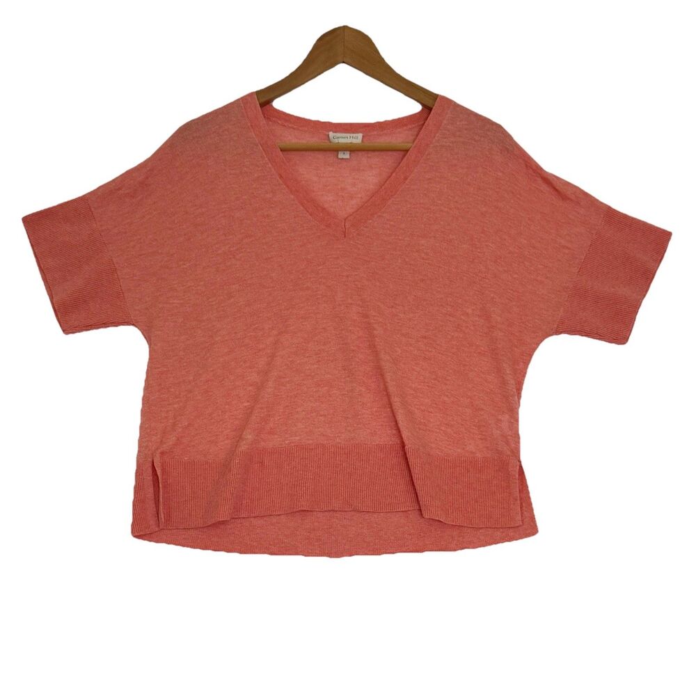 Garnet Hill Tencel Merino Wool Knit Top Small Coral V-Neck Short Sleeved